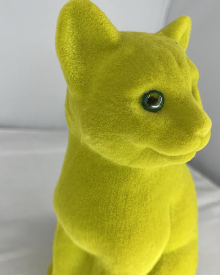 Sitting Flocked Green-Eyed Lime Green Cat
