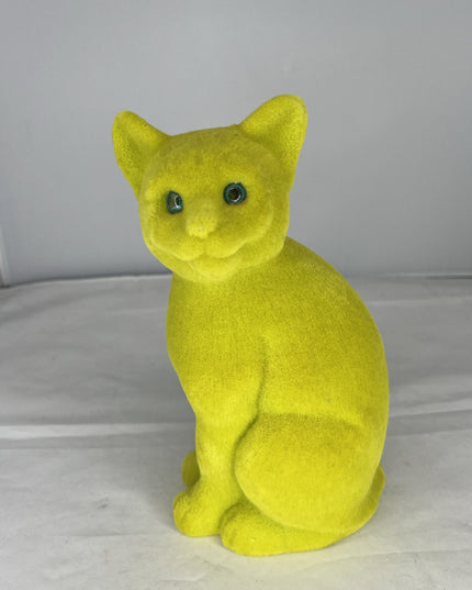 Sitting Flocked Green-Eyed Lime Green Cat