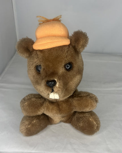 Dakin Brown Beaver Plush Stuffed Bean Bag Bottom Vintage 1978 Rare Orange Hat