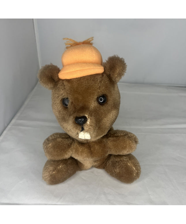 Dakin Brown Beaver Plush Stuffed Bean Bag Bottom Vintage 1978 Rare Orange Hat