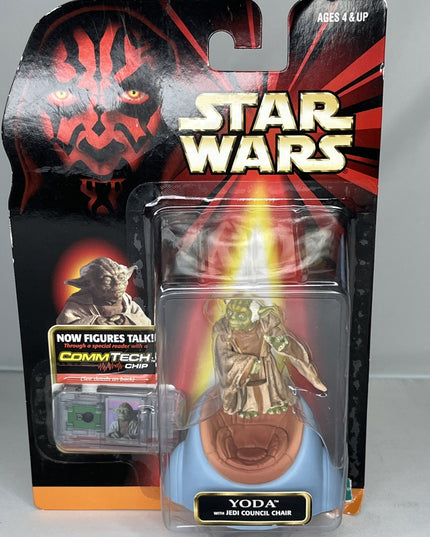 1998 Hasbro Star Wars Episode 1 Yoda w/ Jedi Council Chair Figure CommTech Chip