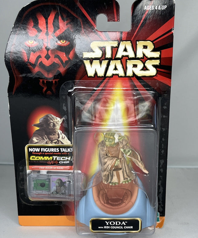 1998 Hasbro Star Wars Episode 1 Yoda w/ Jedi Council Chair Figure CommTech Chip
