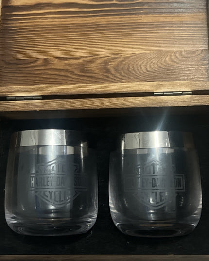 2 Harley Davidson Whiskey Glasses Engraved - Inside A Wood Case