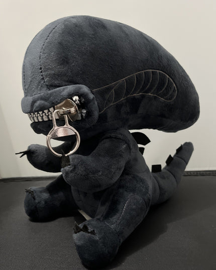 Black Alien Xenomorph Style Plush Toy Zipper Mouth & Inner Jaw 10”