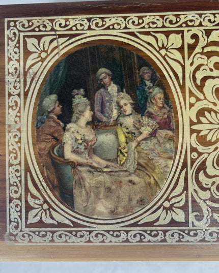 Wooden Jewelry Box Colonial Scene Decorated