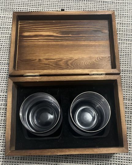2 Harley Davidson Whiskey Glasses Engraved - Inside A Wood Case