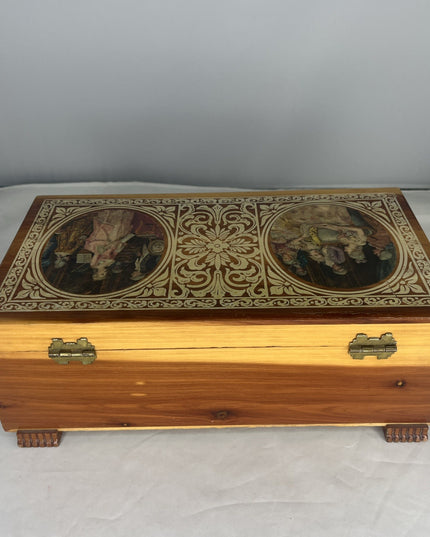 Wooden Jewelry Box Colonial Scene Decorated