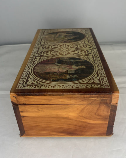 Wooden Jewelry Box Colonial Scene Decorated