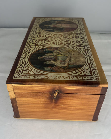Wooden Jewelry Box Colonial Scene Decorated