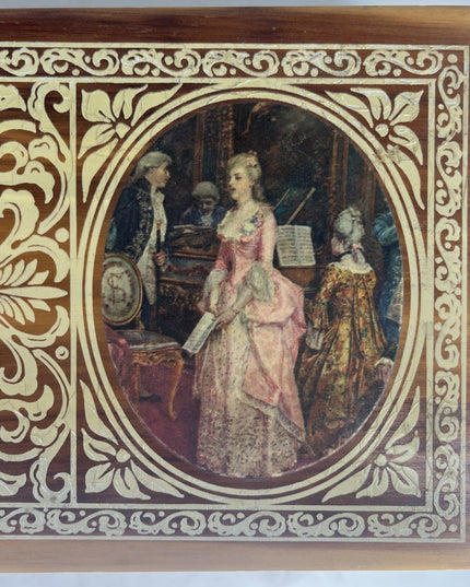 Wooden Jewelry Box Colonial Scene Decorated