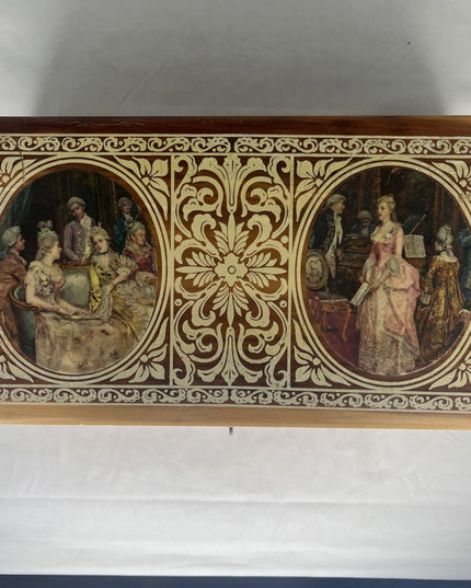 Wooden Jewelry Box Colonial Scene Decorated
