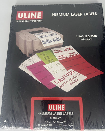 ULINE Premium Laser Labels Fluorescent Yellow S-3847Y - 1000 Labels 4” X 2”