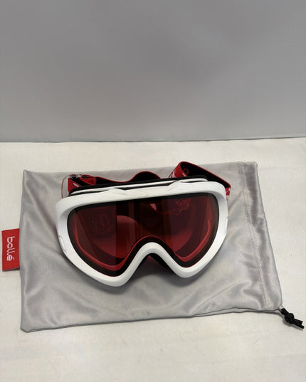 BOLLE SNOWBOARDING SKI GOGGLES, PINK LENS, WHITE FRAMES, YOUTH ADJUSTABLE STRAP.