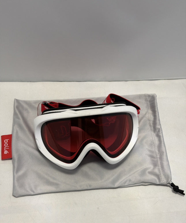 BOLLE SNOWBOARDING SKI GOGGLES, PINK LENS, WHITE FRAMES, YOUTH ADJUSTABLE STRAP.