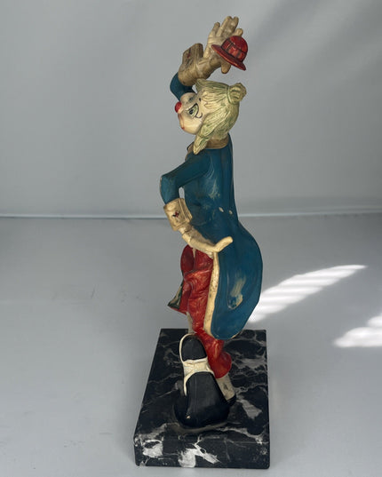 DEPOSE hat-tipping clown statue on marble base, #945