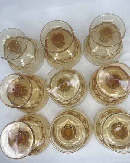 Set Of 9 Amber Thumbprint Dessert/ Champagne Glasses