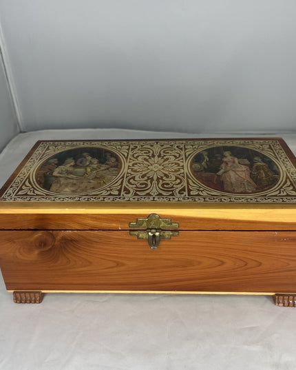 Wooden Jewelry Box Colonial Scene Decorated
